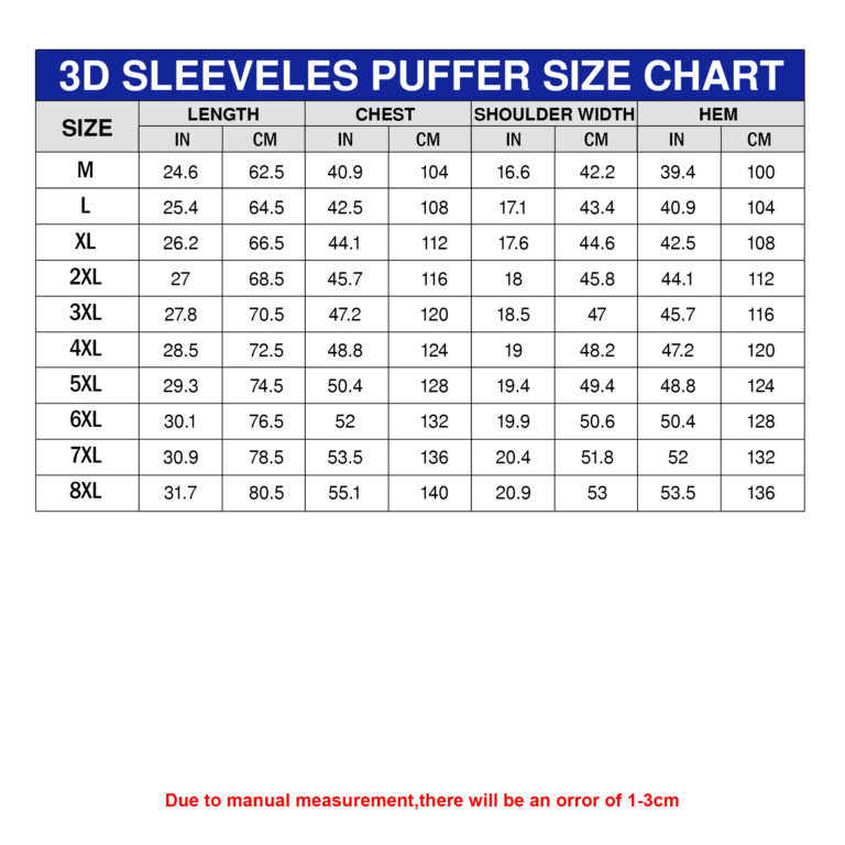 3D sleeveles puffer size chart 