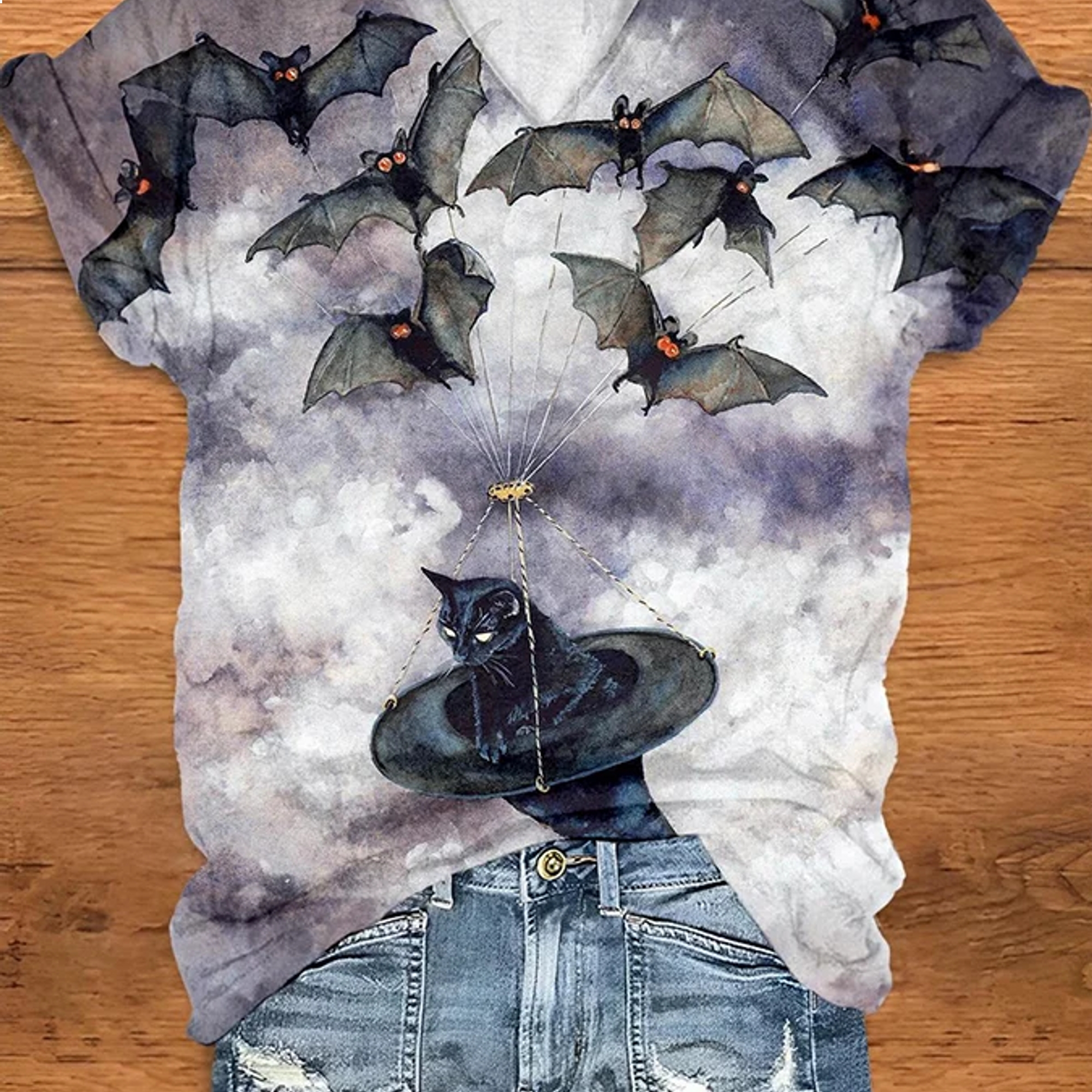 Bats Witch Cat Neck Shirt