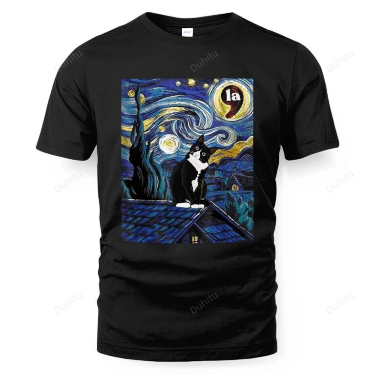 Halloween Starry Night Tuxedo Cat Comma La Shirt