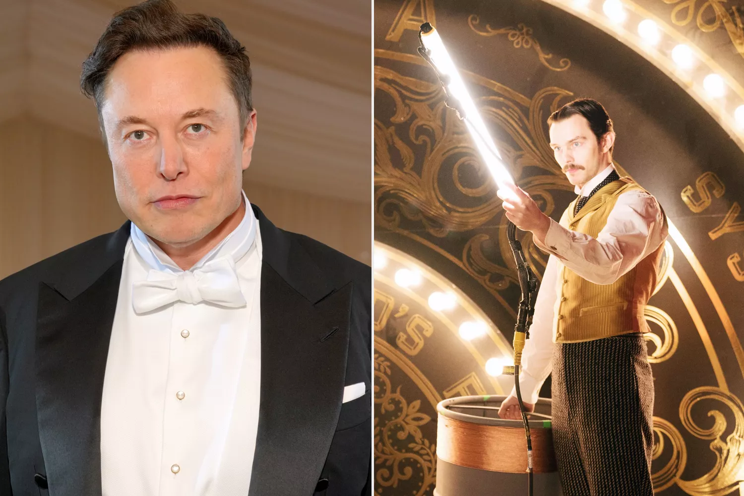 Elon Musk at the 2022 Met Gala on May 2, 2022 in New York City; Nicholas Hoult as Nikola Tesla in 'The Current War'