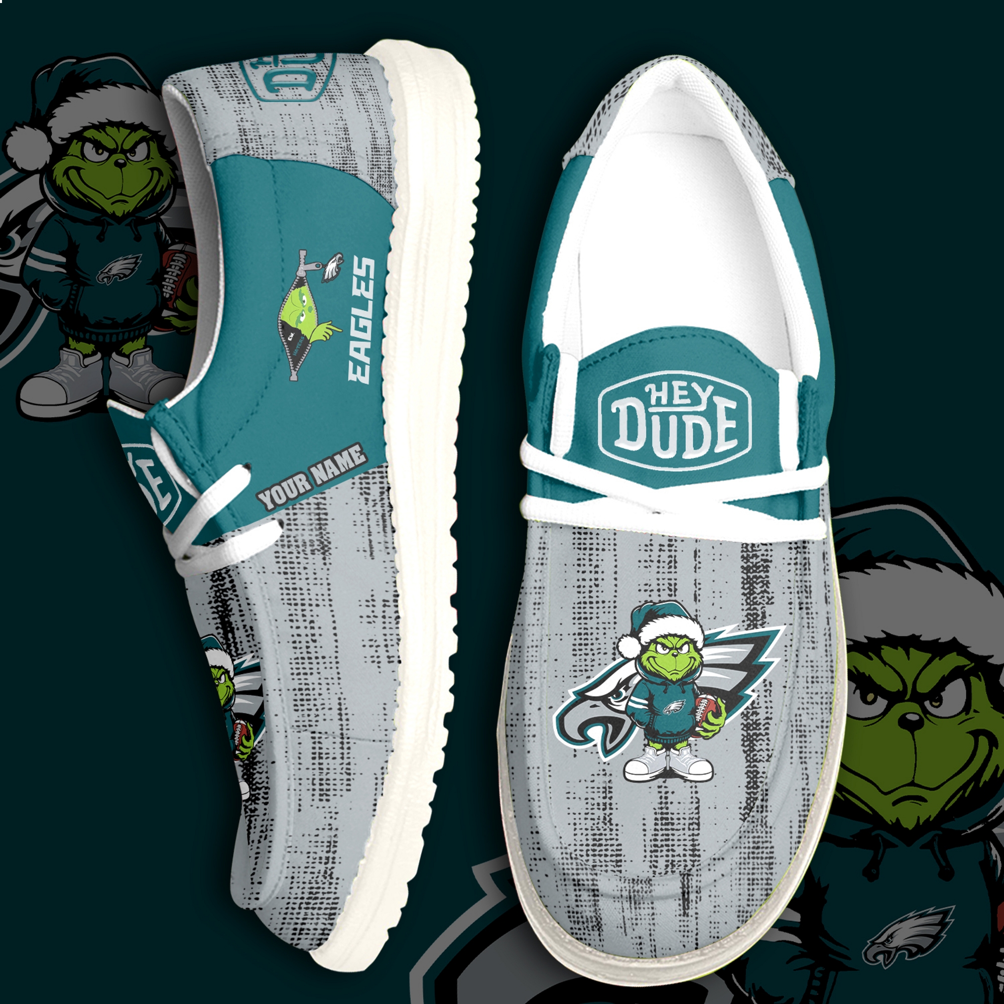 Custom Name Grinch Eagles Hey Dude Shoes