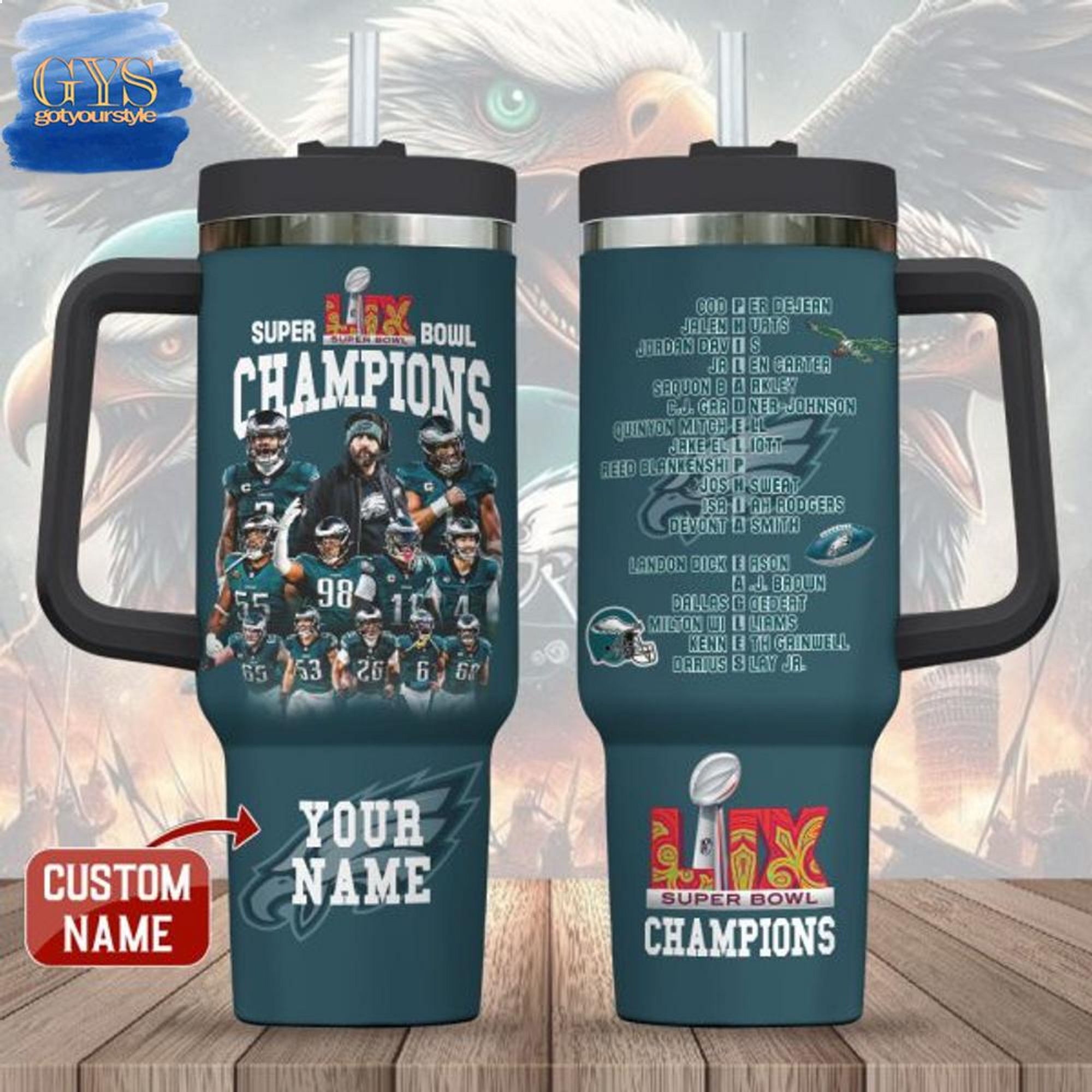 Custom Name Super Bowl LIX Champions Eagle Tumbler Handle